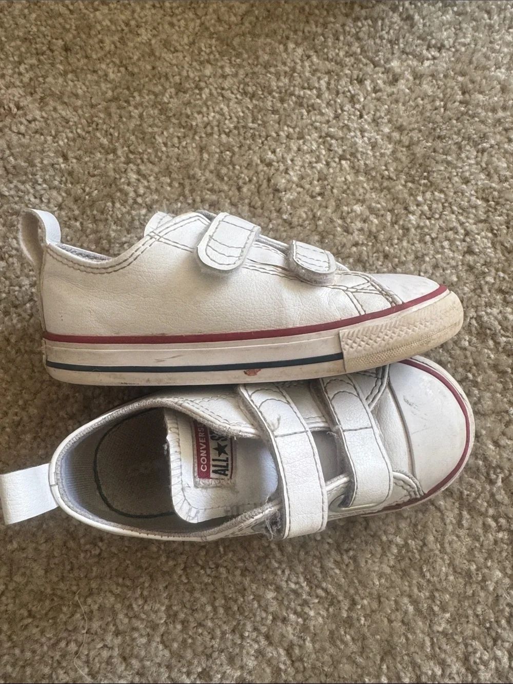 Converse Kids White Sneakers with Red Trim Velcro